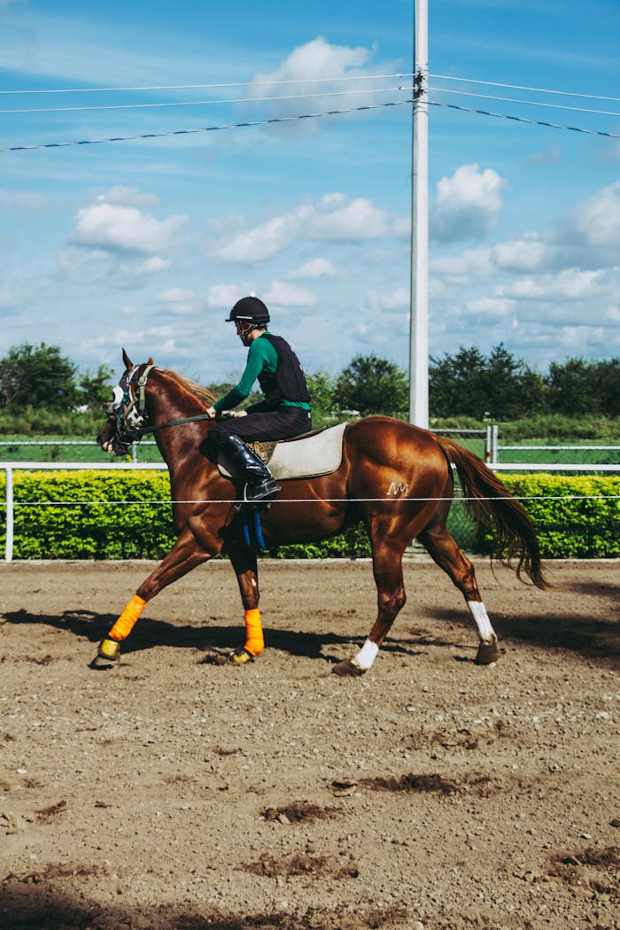 about-us-01 Young jockey riding a racehorse on a sunny day at the training track outdoors.